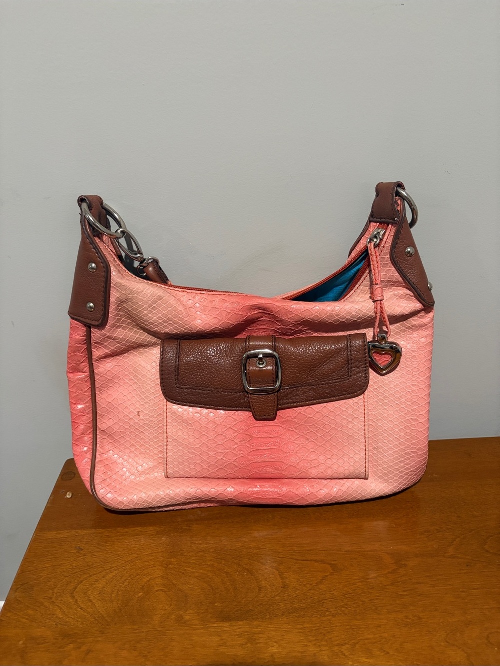 Sharif Pink and Brown Shoulder Bag with Heart Charm
